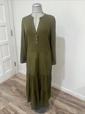 Veronica Beard Olive Tiered Maxi Dress with Button Placket